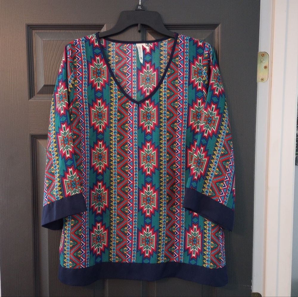 Pink Owl Apparel Blouse Southwest Aztec Rancher Cowgirl Top Turquoise Pink Green
